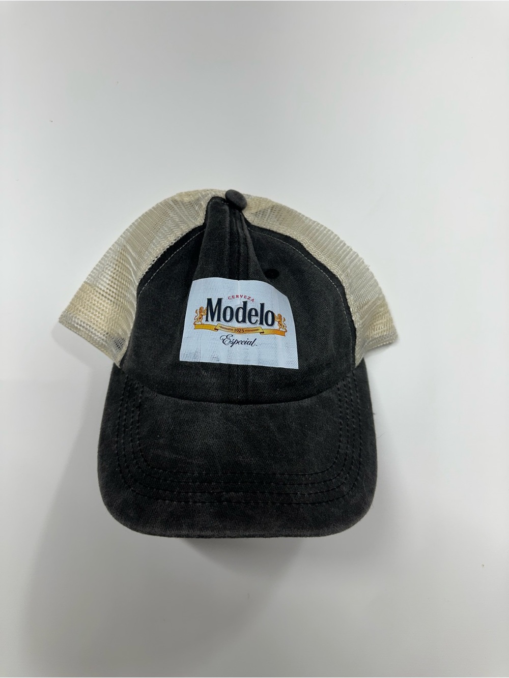 Modelo Especial Beer Trucker Hat Black Cream Mesh Snapback Distressed Cap